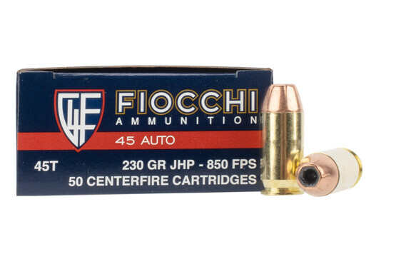 Fiocchi XTP 45 ACP ammo features a 230 grain jacketed hollow point bullet